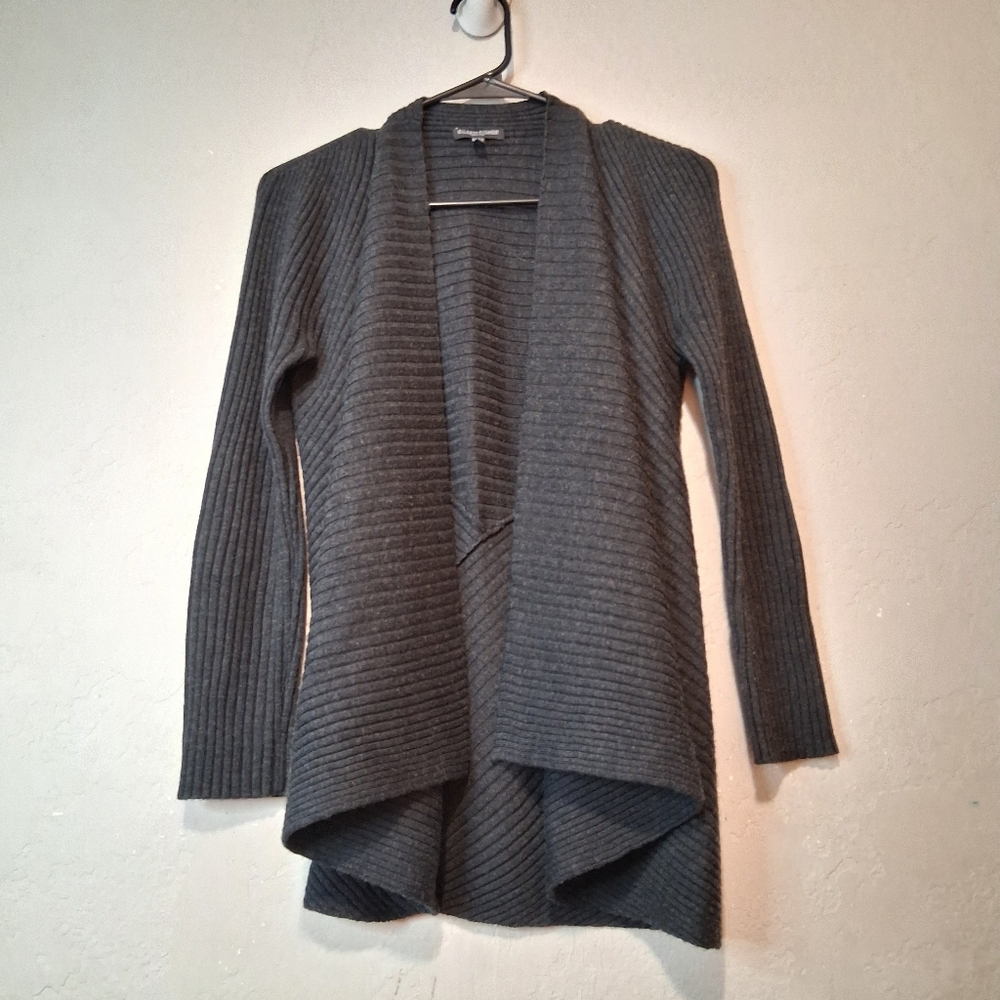 Eileen Fisher Merino Wool Cardigan Women Open Front Drape Ribbed Charcoal SzS P‎